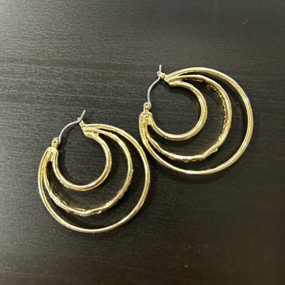 Gold Tone Three Tier Hoop Earrings - Picture 3 of 4